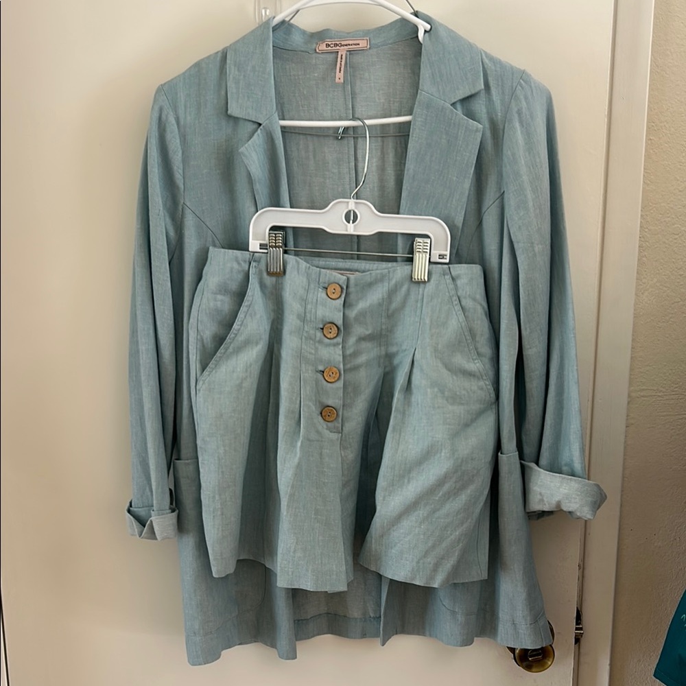 BCBGeneration Linen Light Blue Blazer and Short Set